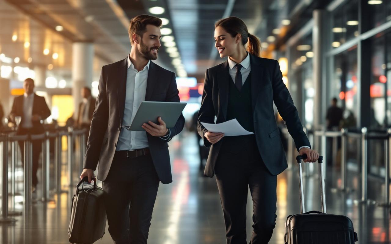 Équipe commerciale en déplacement dans le hall d’un aéroport, avec valises et ordinateurs portables, ambiance professionnelle B2B.