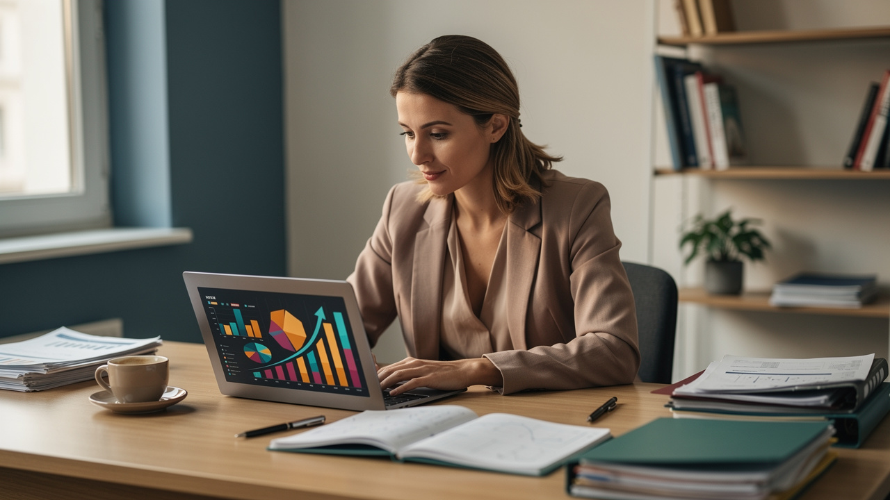 Femme analysant des graphiques de performance abstraits sur un ordinateur dans un bureau professionnel français, sans contenu lisible.