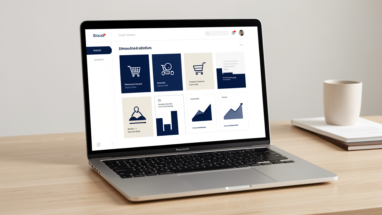 Ordinateur portable présentant une boutique e-commerce française et un tableau de bord abstrait d’automatisation des emails avec des indicateurs de paniers abandonnés et de conversion.