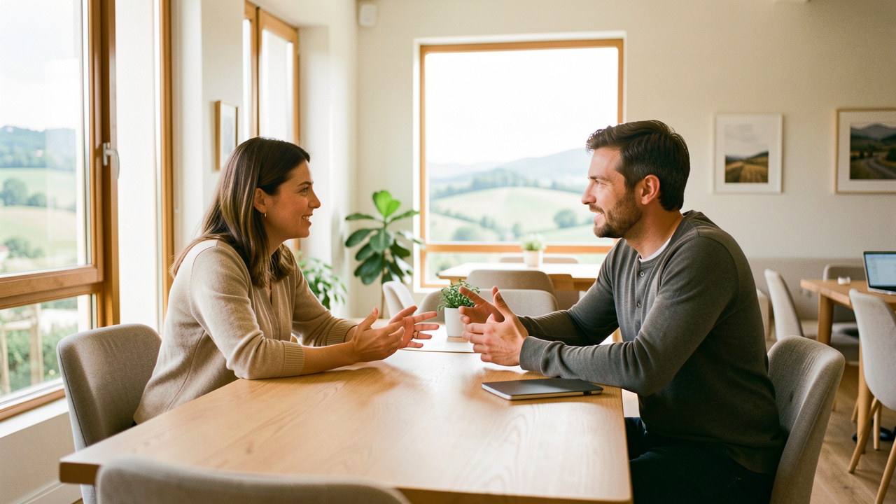 Une femme et un homme entrepreneurs échangent autour d’une table dans un espace de coworking lumineux, avec les collines de la Drôme visibles en arrière-plan.