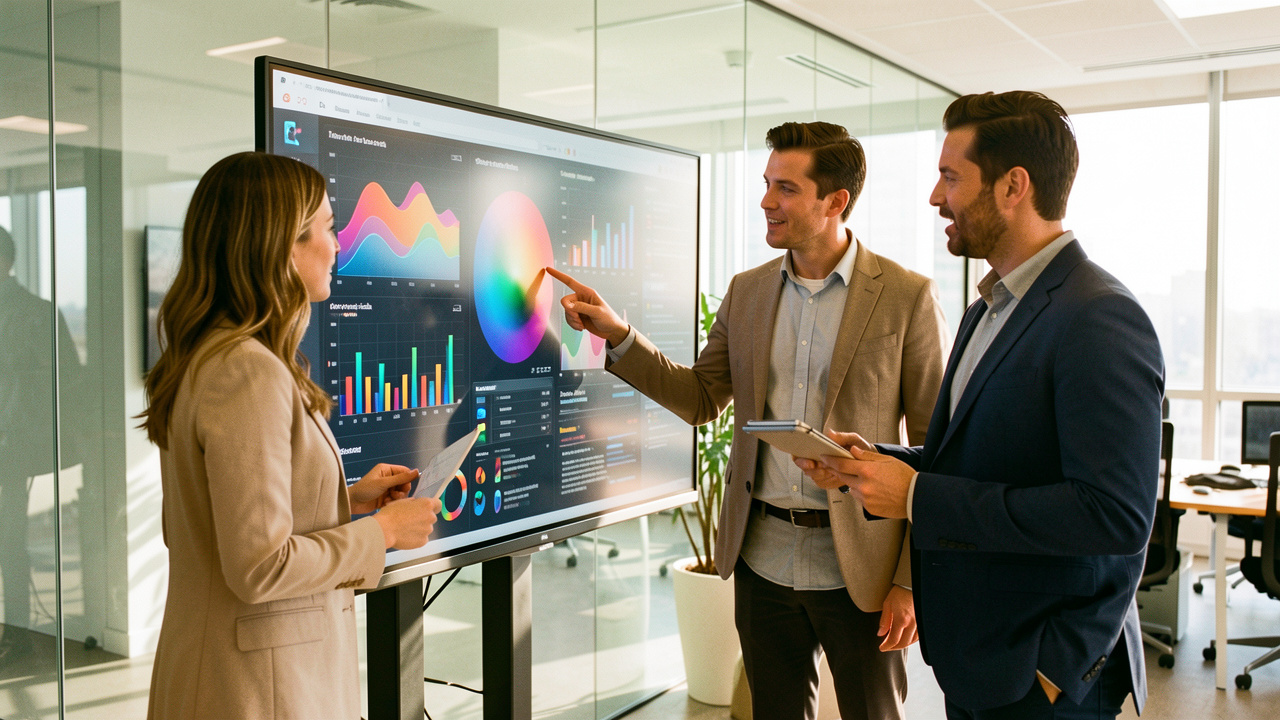 Équipe marketing composée de femmes et d’hommes réunie autour d’un tableau de bord numérique moderne dans un bureau lumineux.