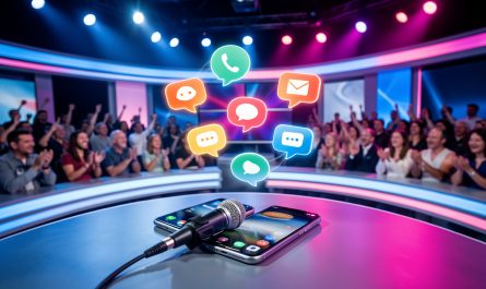 Studio de jeu télévisé éclairé en bleu et magenta, avec un smartphone et un microphone au premier plan, entourés de formes lumineuses évoquant des appels et des messages.