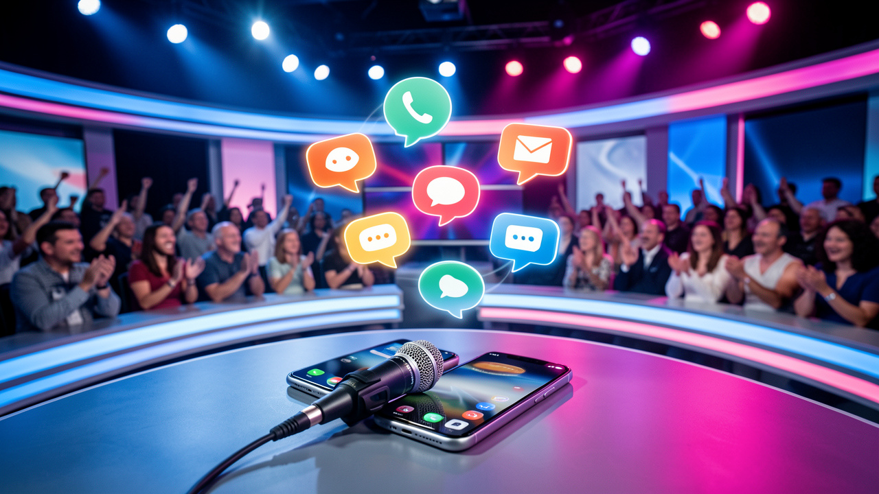 Studio de jeu télévisé éclairé en bleu et magenta, avec un smartphone et un microphone au premier plan, entourés de formes lumineuses évoquant des appels et des messages.