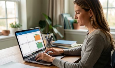 Une femme organise des documents professionnels sur un ordinateur portable dans un bureau à domicile lumineux.