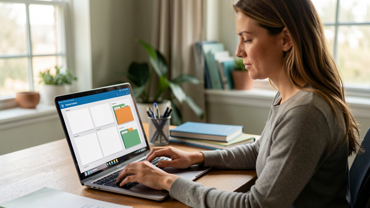 Une femme organise des documents professionnels sur un ordinateur portable dans un bureau à domicile lumineux.
