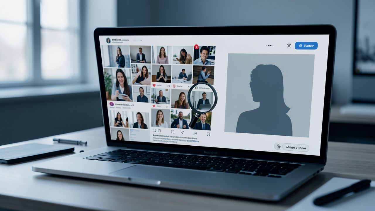 Espace de travail numérique sobre avec un ordinateur affichant une grille abstraite d’images, une loupe et des éléments évoquant une veille concurrentielle discrète et respectueuse de la confidentialité.