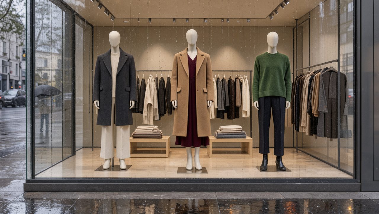 Vitrine d’une boutique de vêtements contemporaine présentant une collection automne-hiver sous une pluie légère, avec des reflets sur le trottoir mouillé.