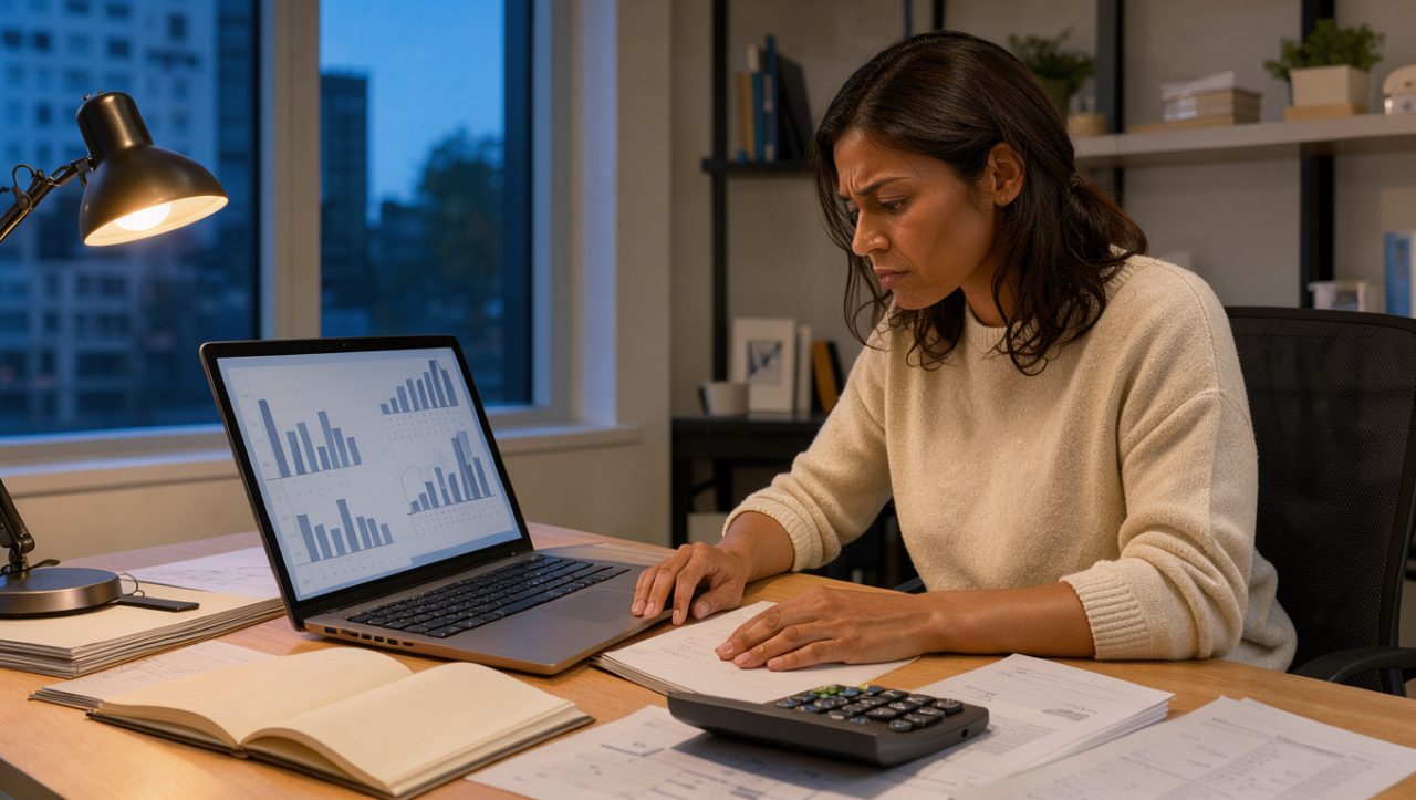 Une consultante travaille le soir dans son bureau à domicile avec un ordinateur portable, un carnet, une calculatrice et des documents budgétaires.