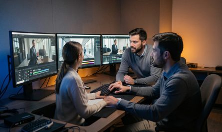 Équipe de communication B2B composée de deux femmes et deux hommes travaillant dans une salle de montage vidéo sobre et professionnelle, avec des écrans affichant des images cinématographiques sans texte.