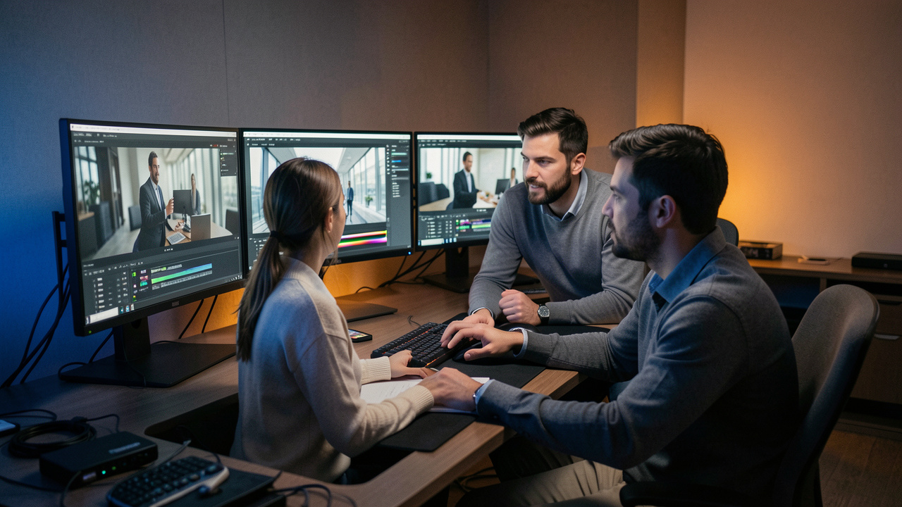 Équipe de communication B2B composée de deux femmes et deux hommes travaillant dans une salle de montage vidéo sobre et professionnelle, avec des écrans affichant des images cinématographiques sans texte.
